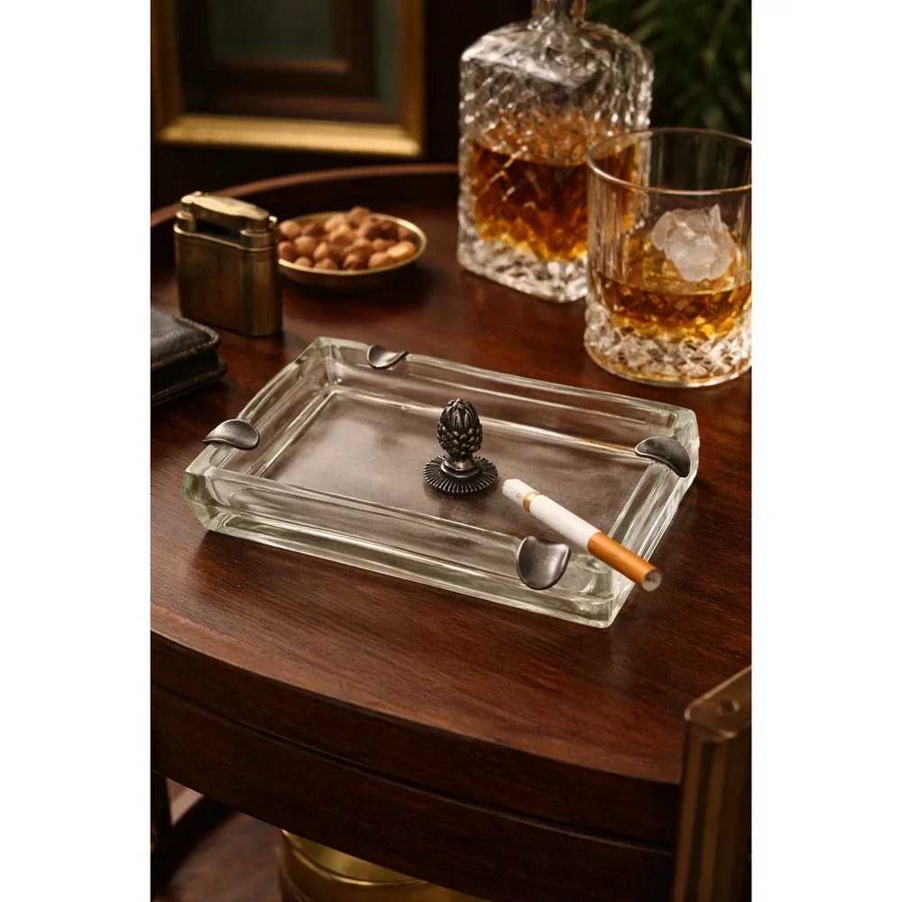 Vintage Glass Ashtray‎ w Metal Cigarette Rests & Acorn Finial Mid Century